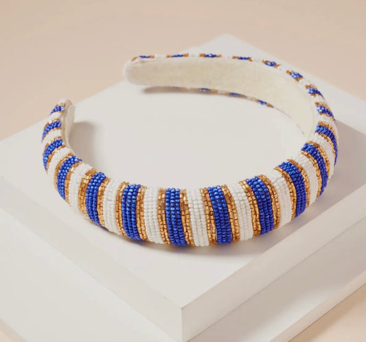 Blue and white beaded headband